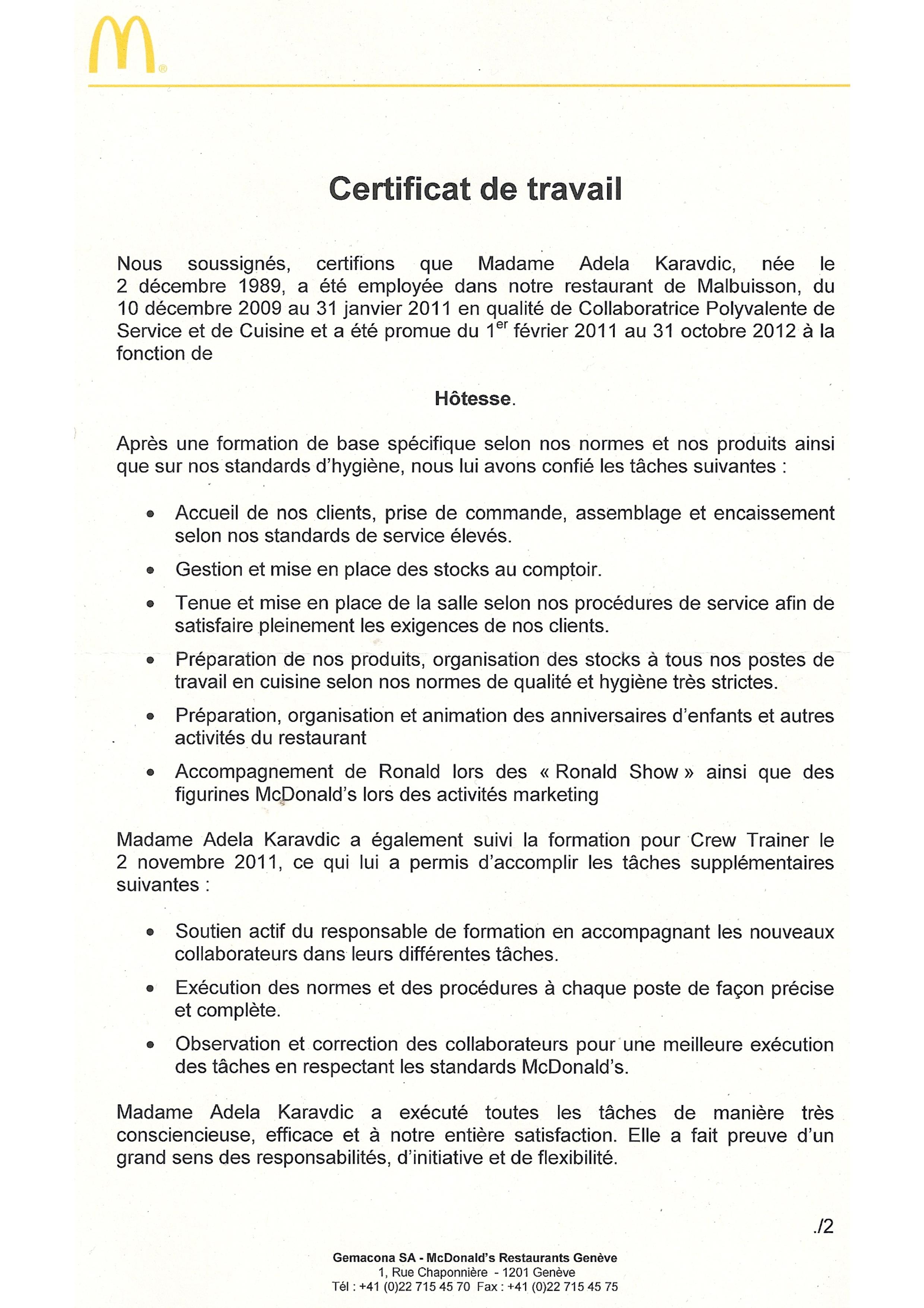 Certificat McDonald's 1